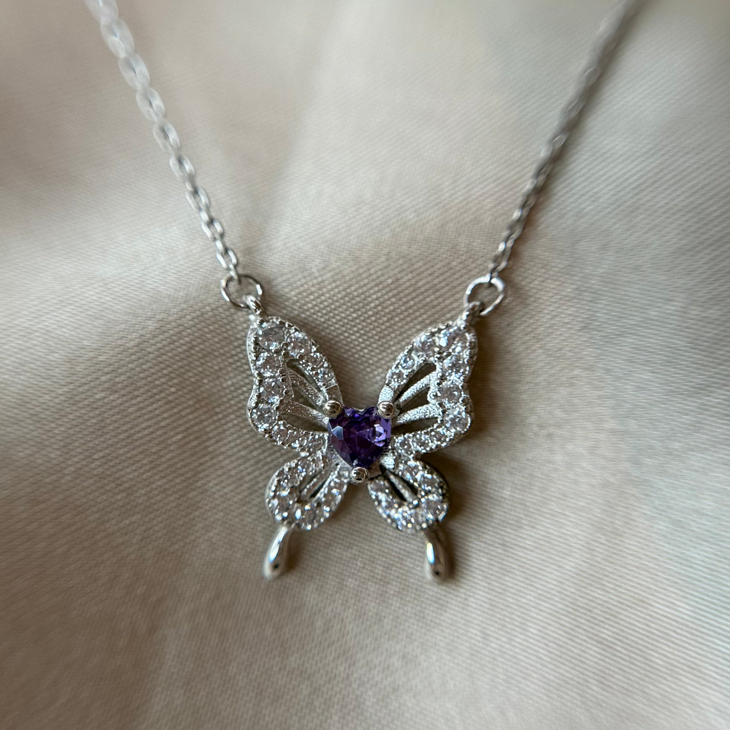 Butterfly Heart Necklace with Purple Stone 925 Sterling Silver