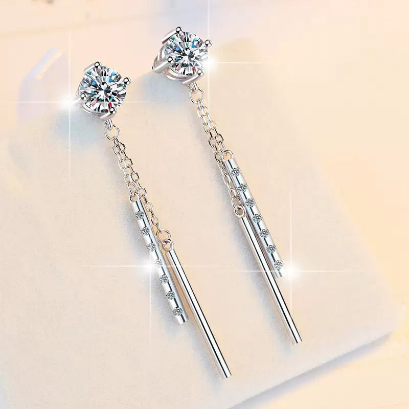 925 Sterling Silver Long Drop Earrings with Cubic Zirconia
