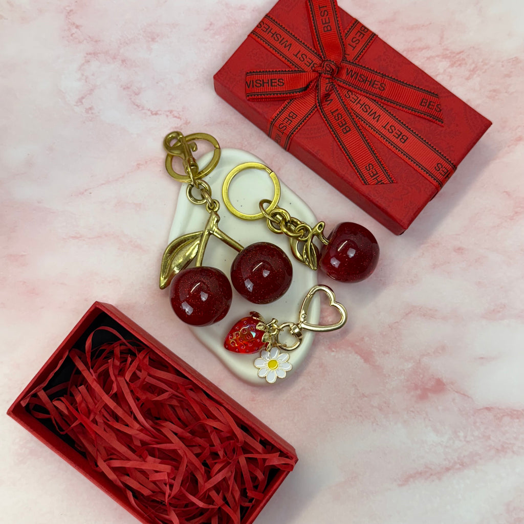 Cherry, Apple & Strawberry Bag Charms Set – Cute Keychain Accessories, Gift Ready Purse Charms