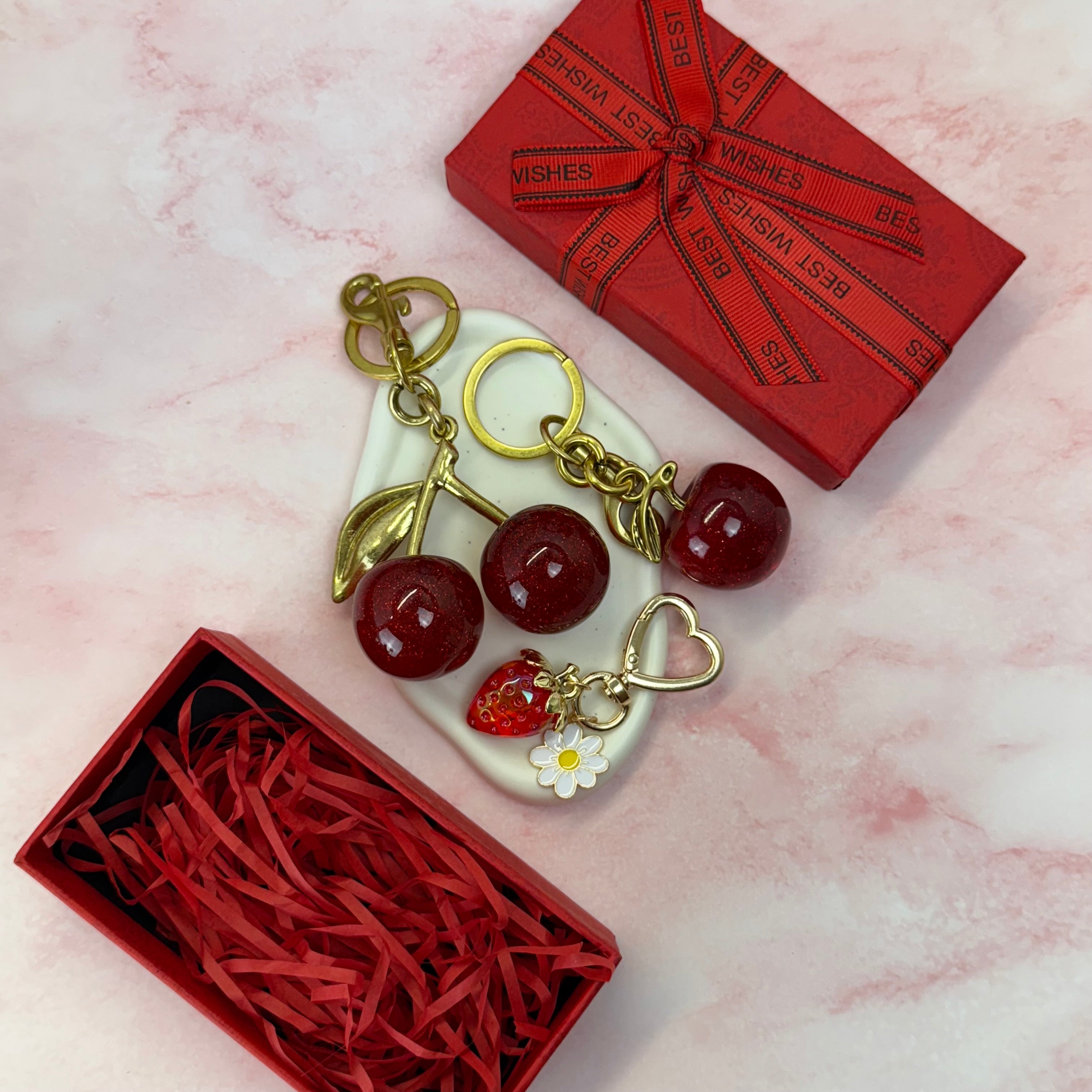 Cherry, Apple & Strawberry Bag Charms Set – Cute Keychain Accessories, Gift Ready Purse Charms