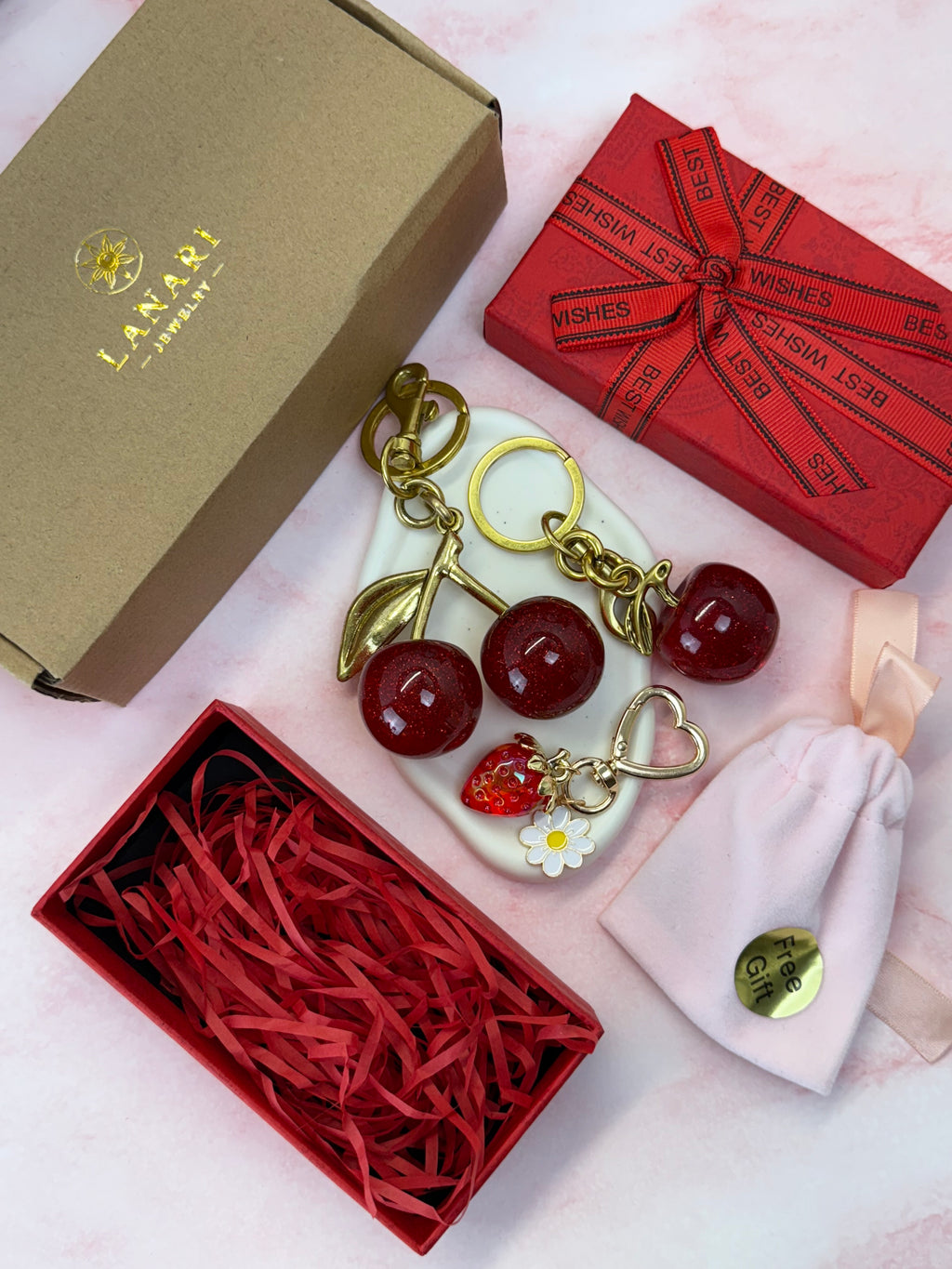 Cherry, Apple & Strawberry Bag Charms Set – Cute Keychain Accessories, Gift Ready Purse Charms