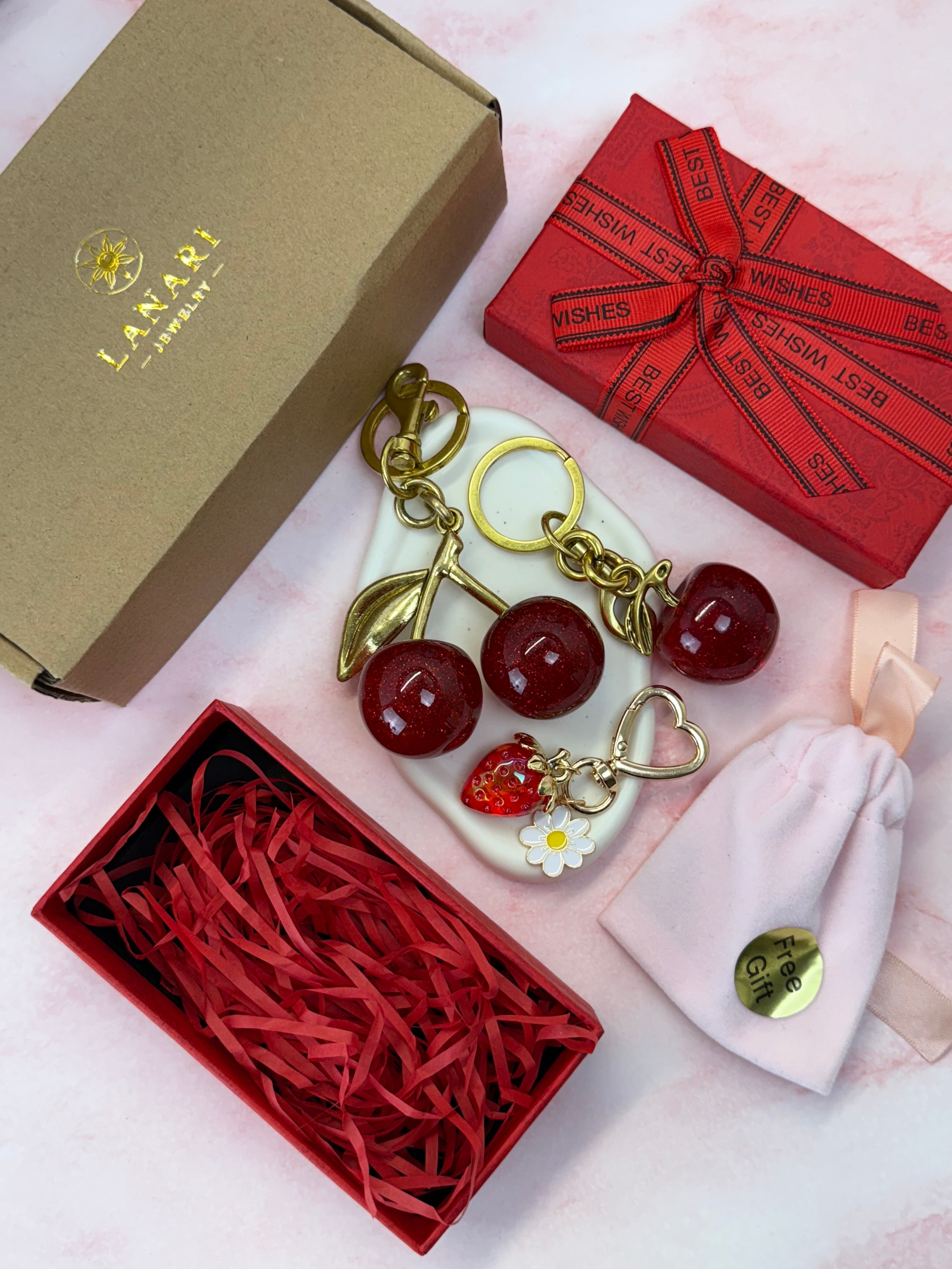 Cherry, Apple & Strawberry Bag Charms Set – Cute Keychain Accessories, Gift Ready Purse Charms