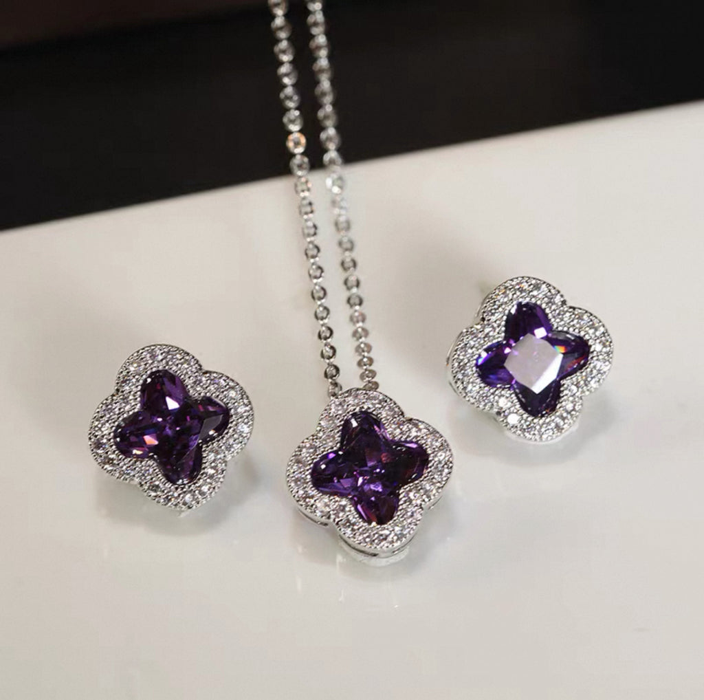 Amethyst Clover Halo Jewelry Set — 925 Sterling Silver Studs & Pendant Necklace