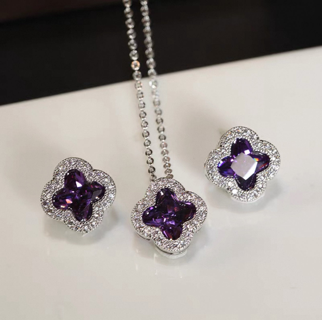 Amethyst Clover Halo Jewelry Set — 925 Sterling Silver Studs & Pendant Necklace
