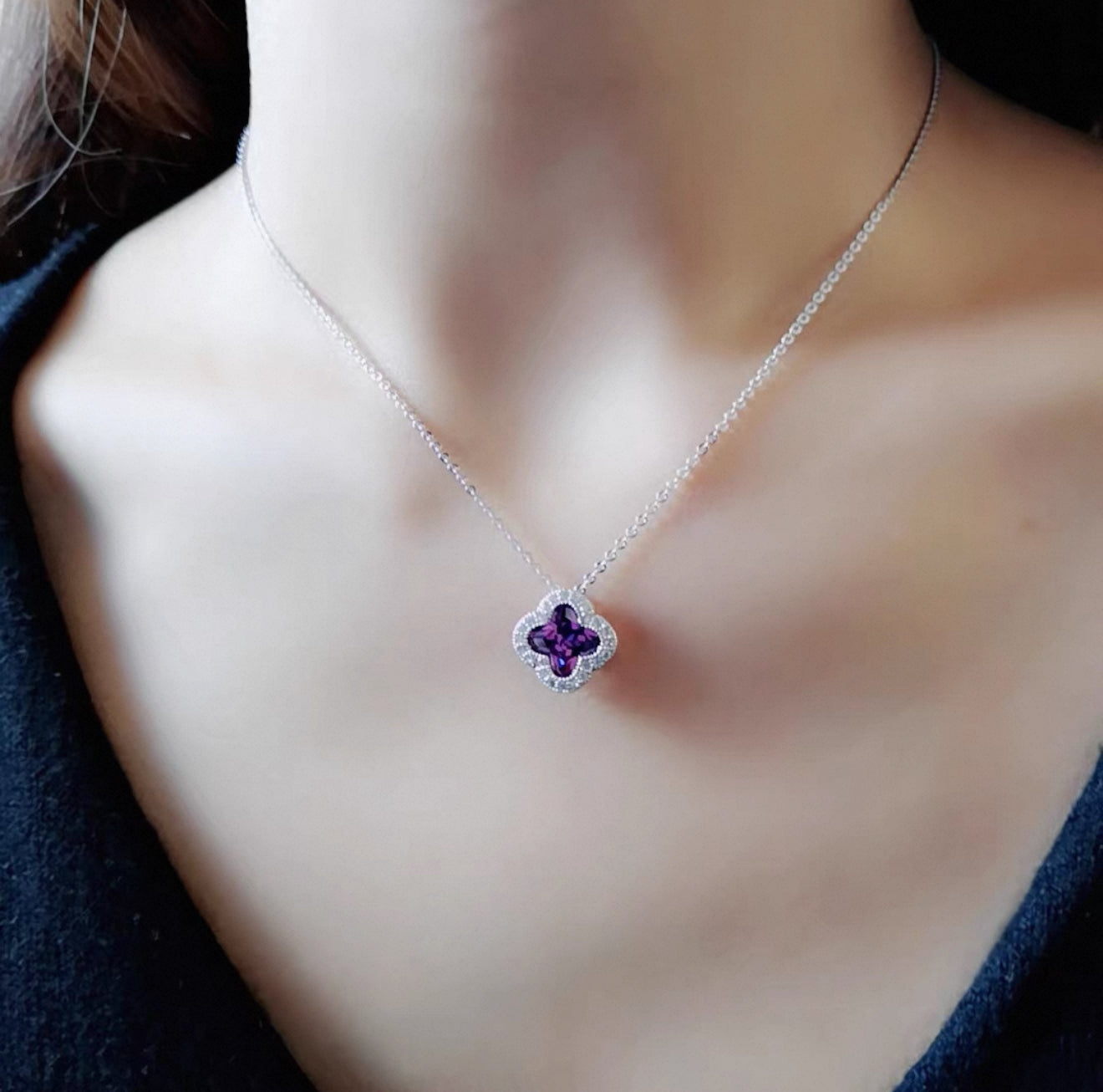 Amethyst Clover Halo Jewelry Set — 925 Sterling Silver Studs & Pendant Necklace