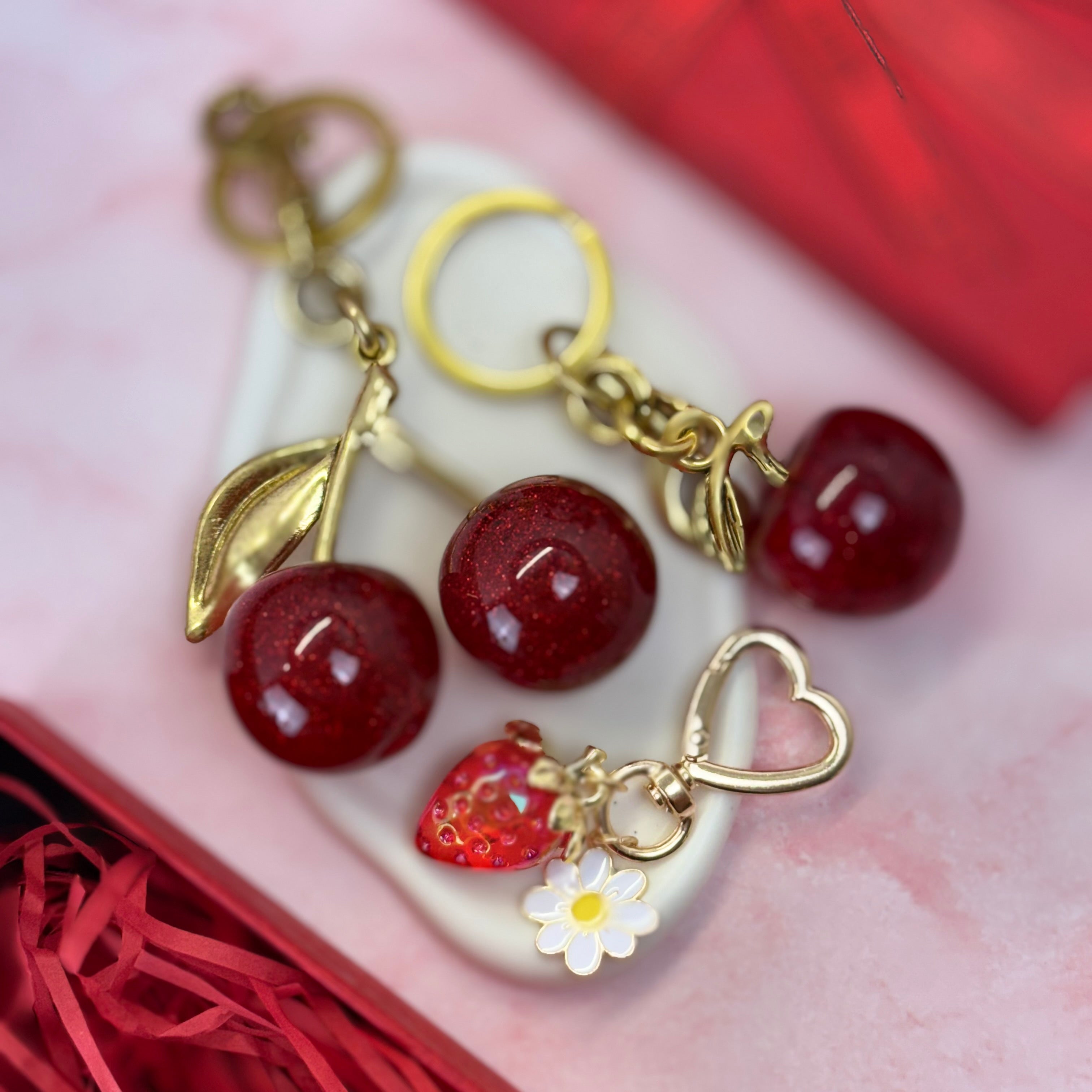 Cherry, Apple & Strawberry Bag Charms Set – Cute Keychain Accessories, Gift Ready Purse Charms
