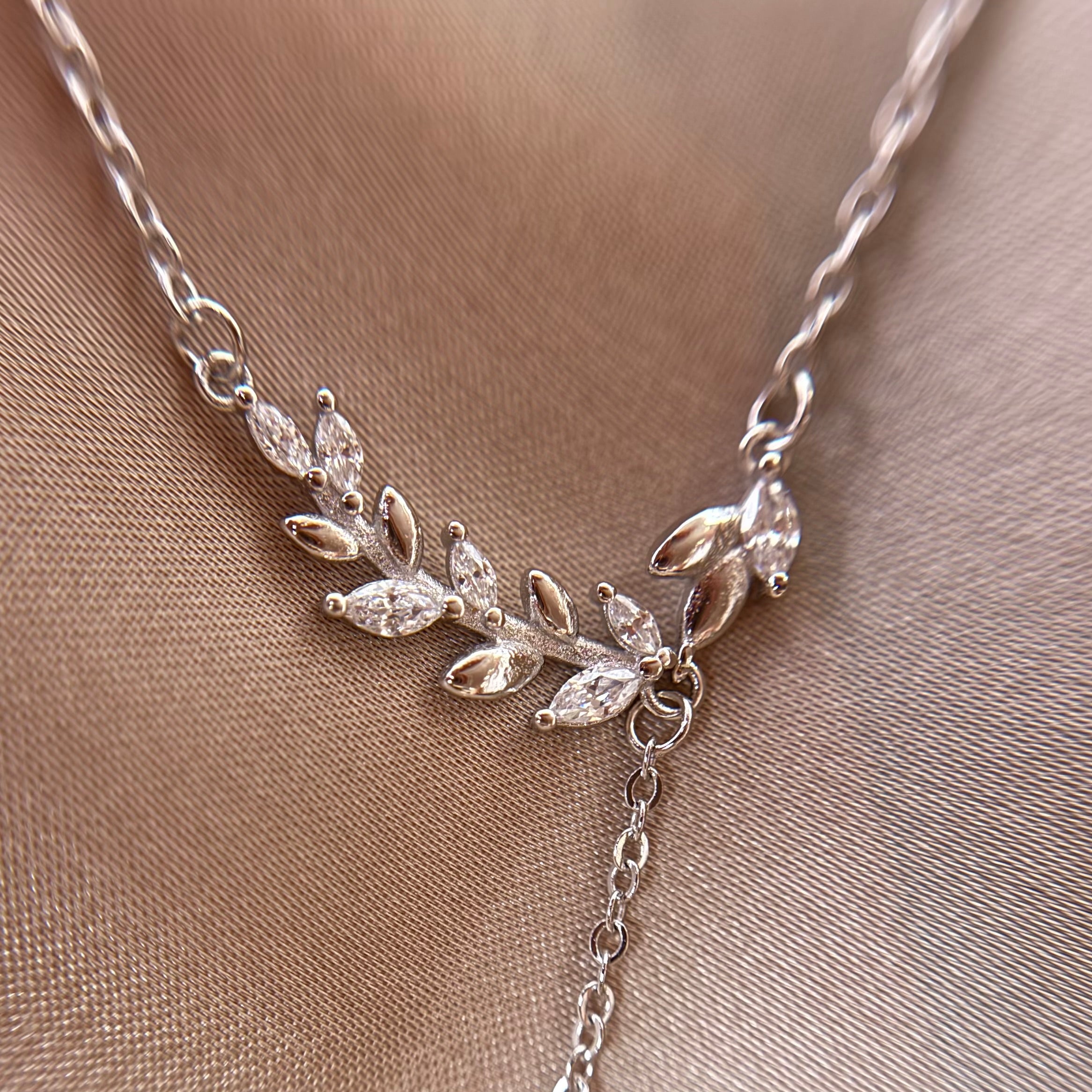 Leaf Y-Necklace with Clear Stones 925 Sterling Silver