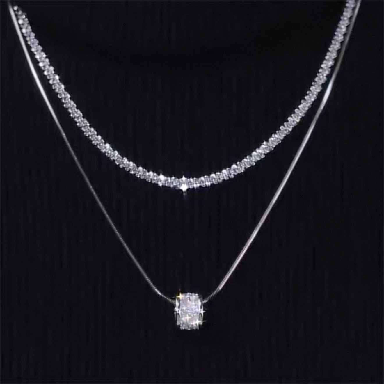 Layered Crystal Necklace with Slider Pendant – Elegant Fashion Jewelry