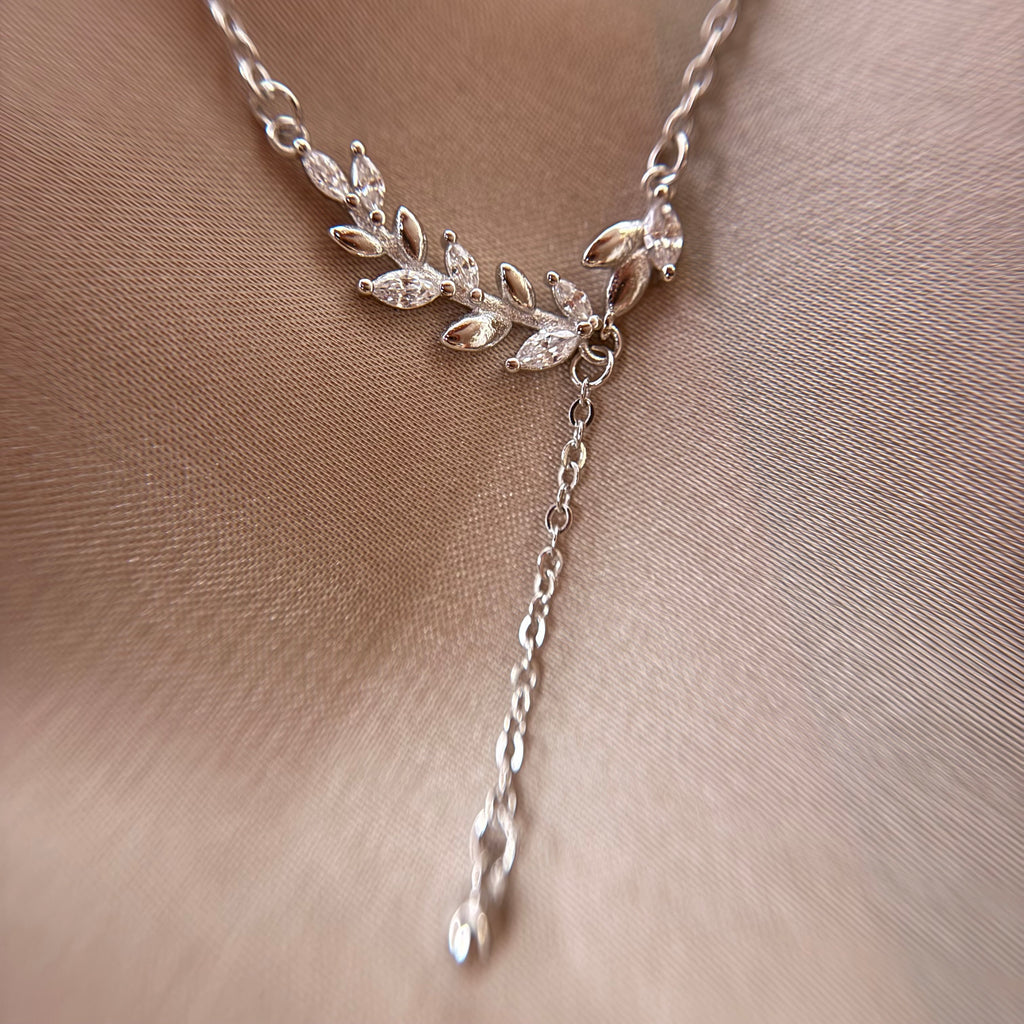 Leaf Y-Necklace with Clear Stones 925 Sterling Silver