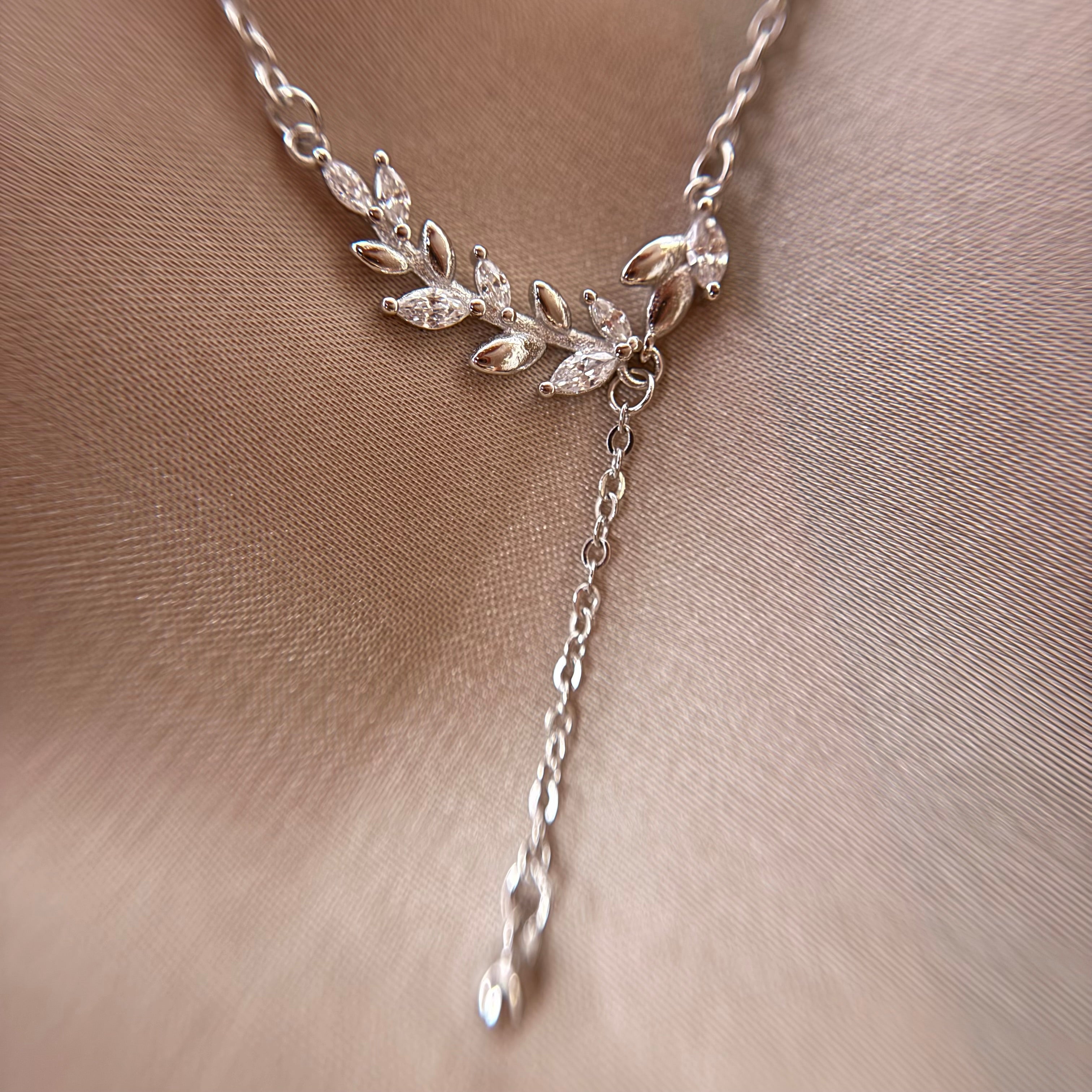Leaf Y-Necklace with Clear Stones 925 Sterling Silver